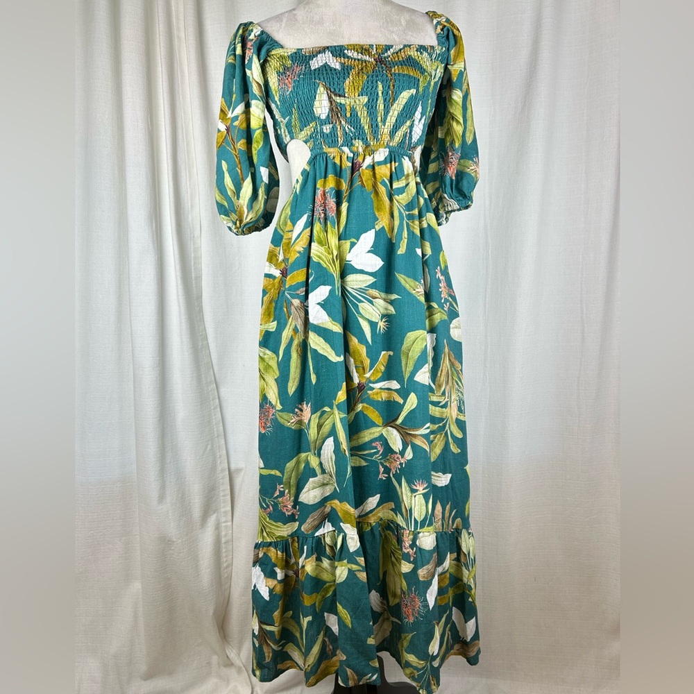 Women's O.P.T. Teal Botanical Smocked Maxi Side Cut Out Dress with Puff Sleeves